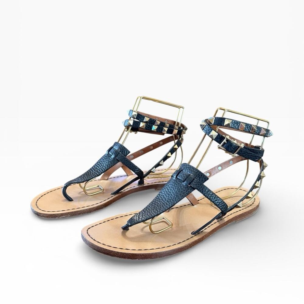 Valentino Rockstud Black Leather Thong Wrap Around Strap Flat Sandal 37.5 US 7.5